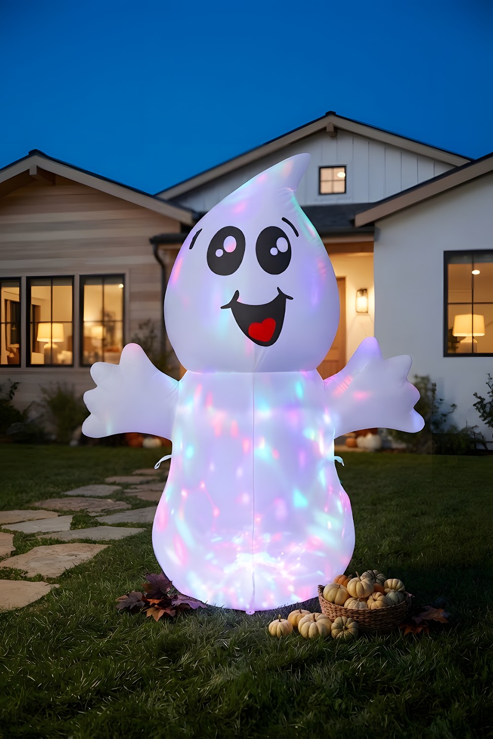 The inflatable ghost for the porch on a late October evening