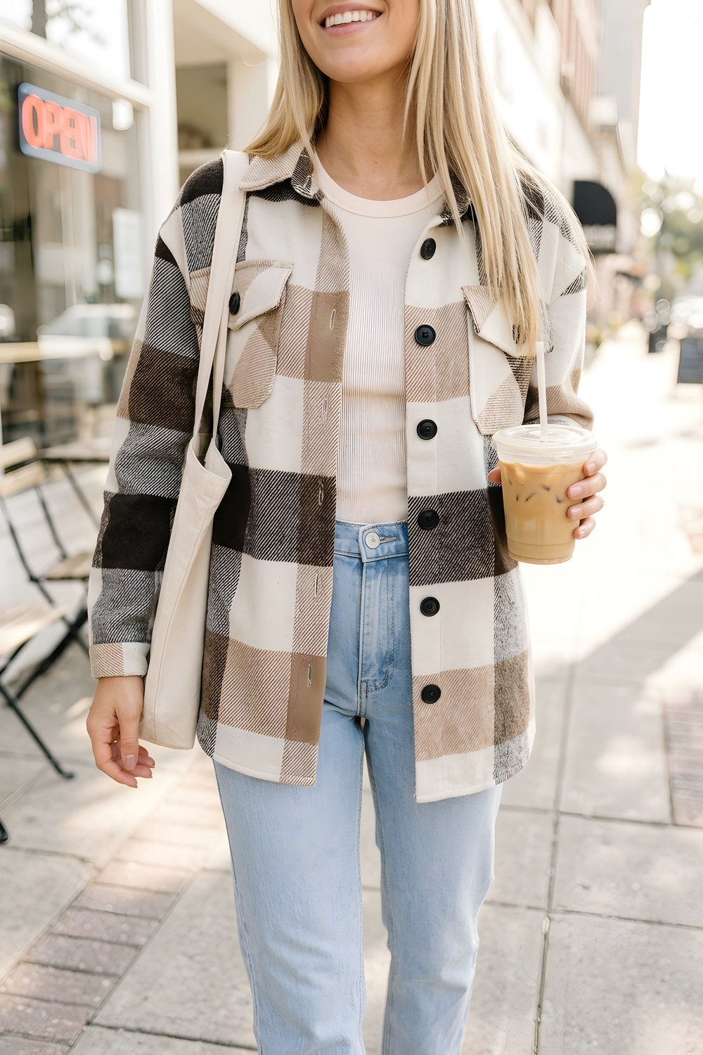 The plaid shacket for a cool morning walk to the bus stop