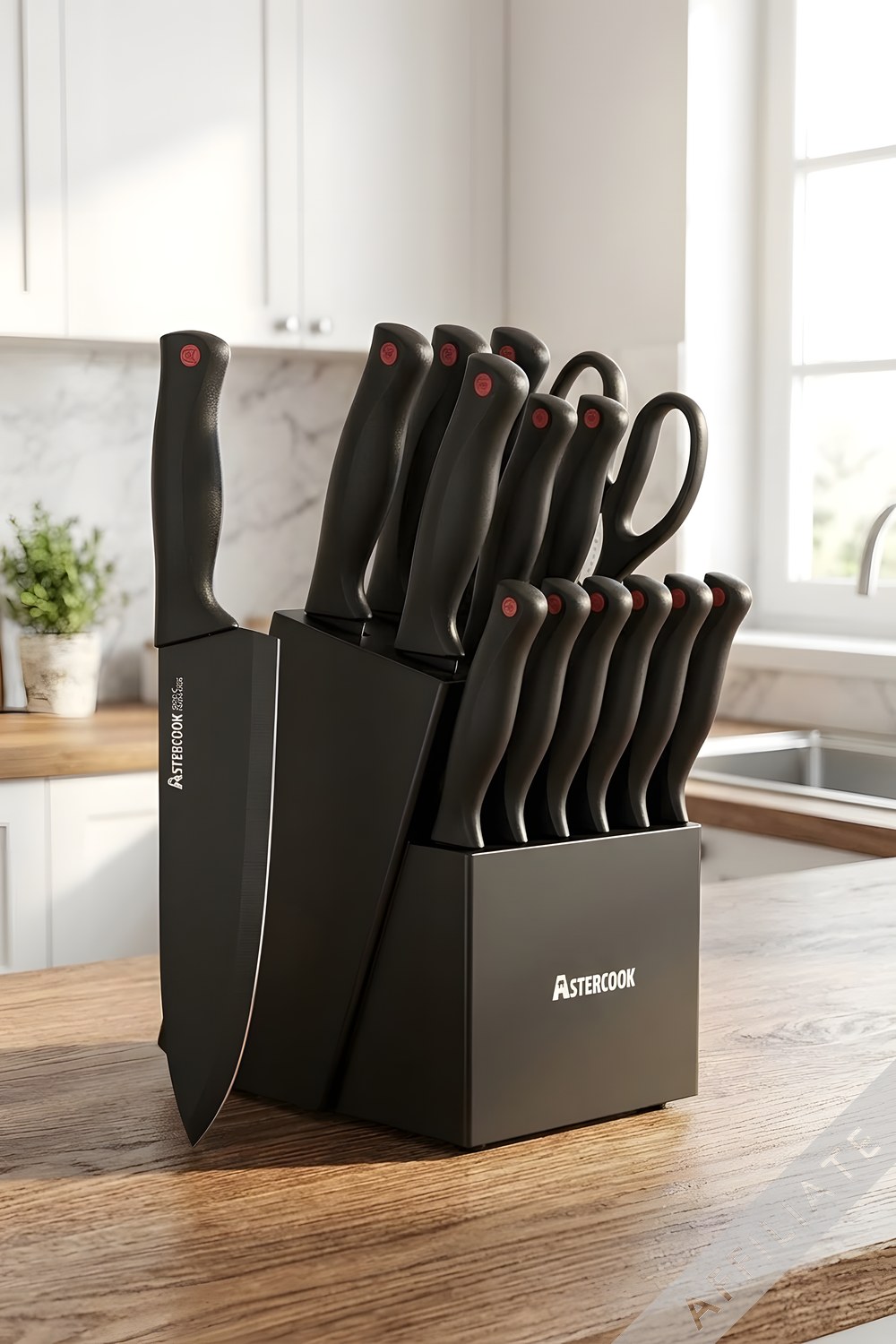 Astercook 15 Piece German Steel Knife Block Set