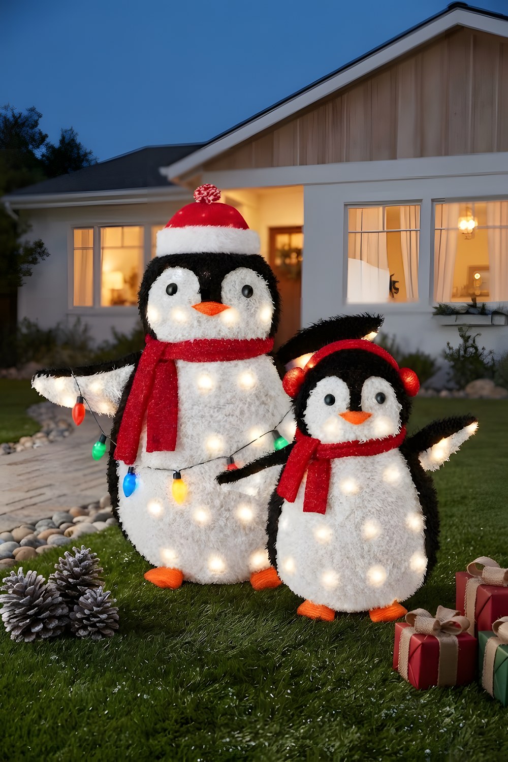 The penguins by the front walk on a dark December evening