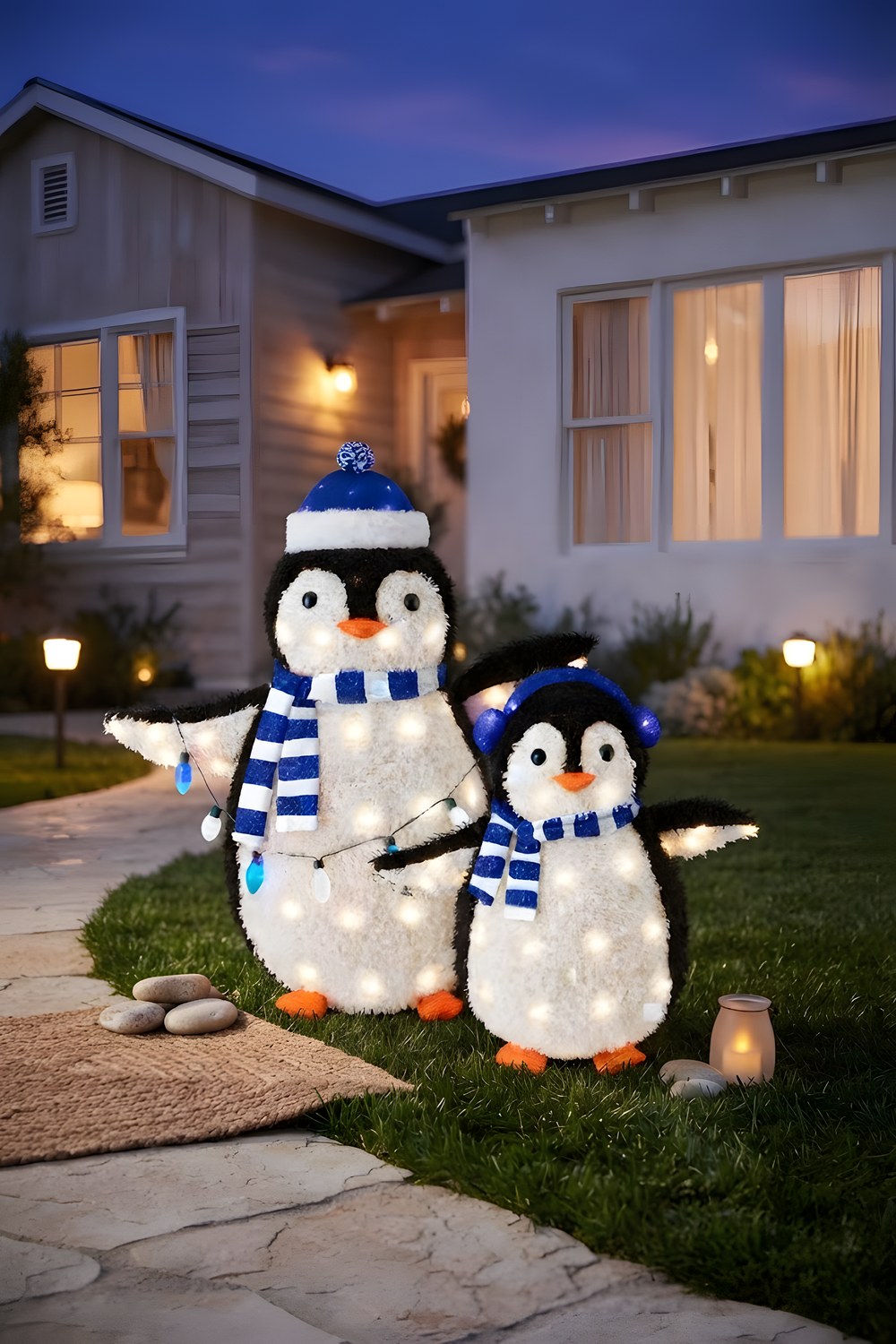 The penguins by the front walk on a dark December evening