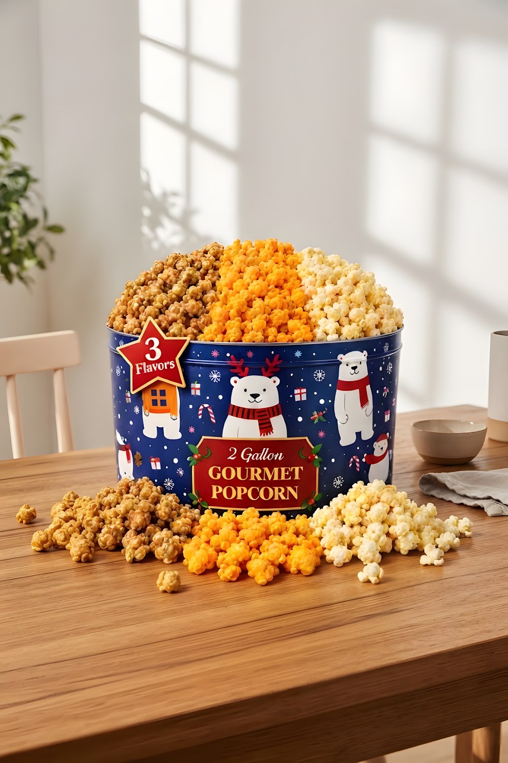 The popcorn tin for a December movie night on the couch
