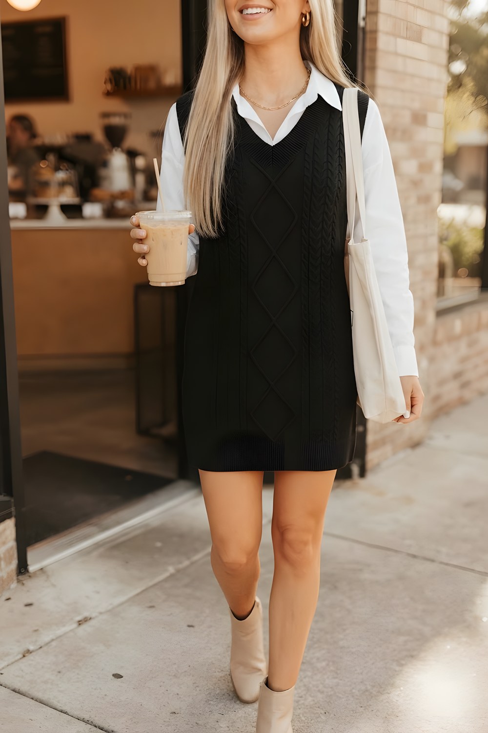 The sweater vest dress for a chilly morning commute