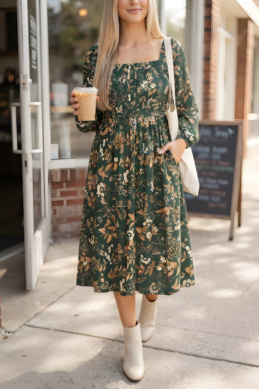 The floral dress for a crisp fall afternoon out